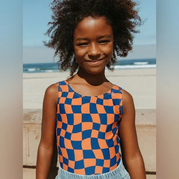Seaesta Surf One-piece Wavy Checks Swimsuit - Navy - 5-6